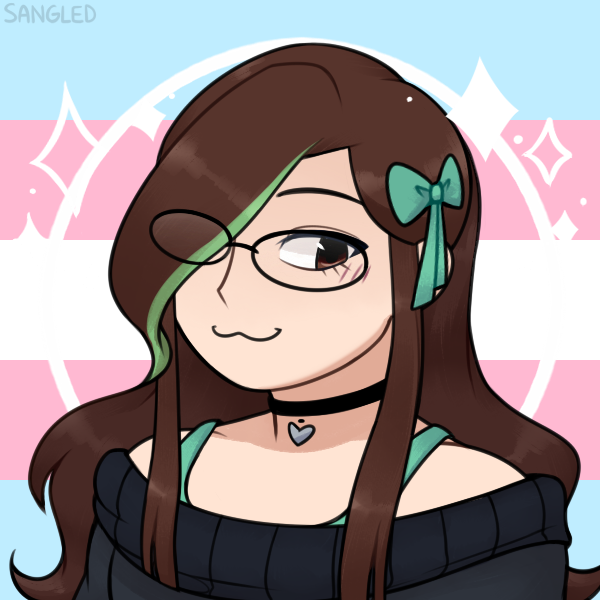 A drawing, made with the site picrew,
                    of a person with long brown hair, and a green strand of hair.
                    They are wearing a green bowtie and a cute pair of glass.
                    They are also wearing a black chocker.
                    The background is a trans flag.